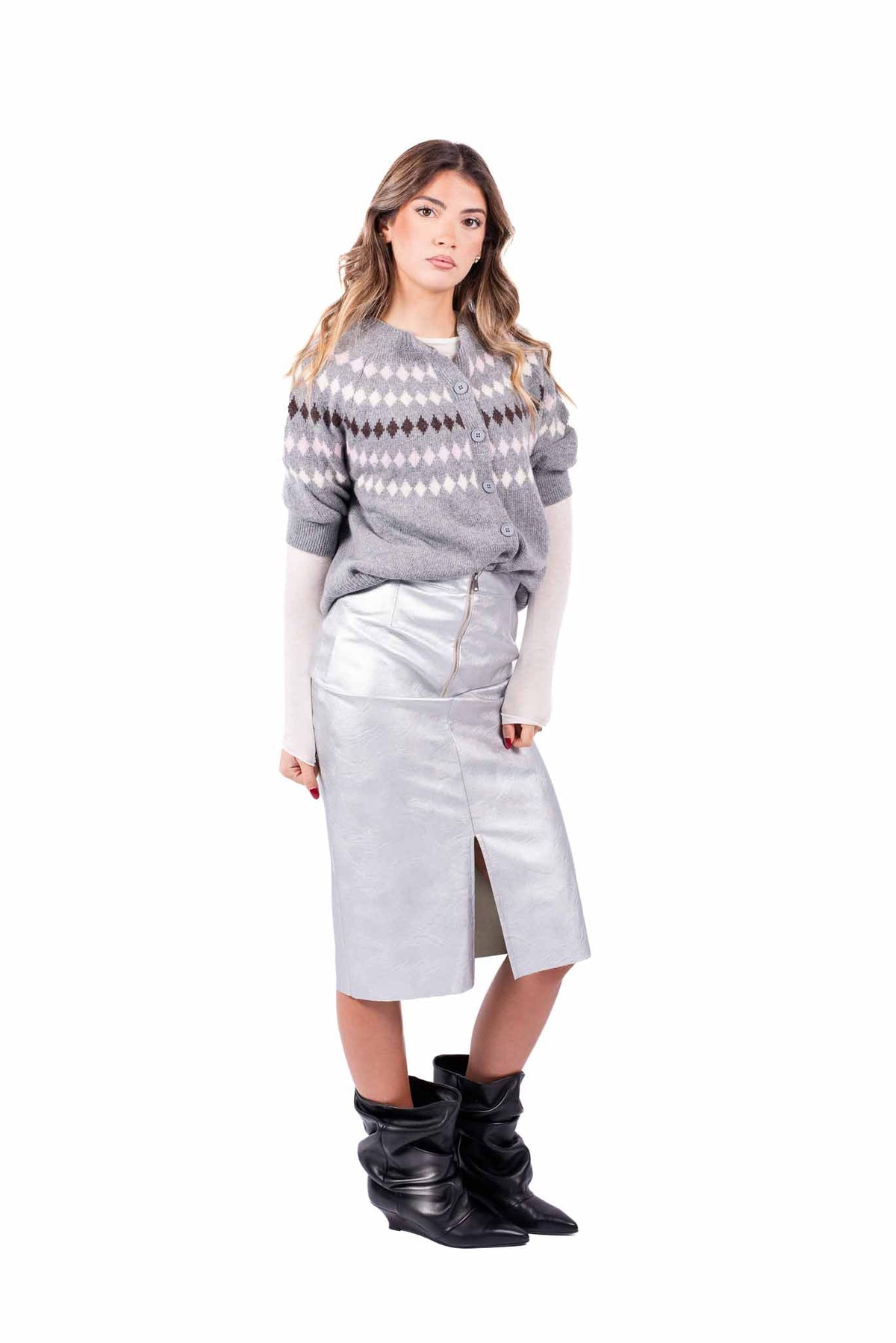 Cardigan Mezza Manica in Maglia Grigio con Motivo Jacquard donna Tensione in - 4