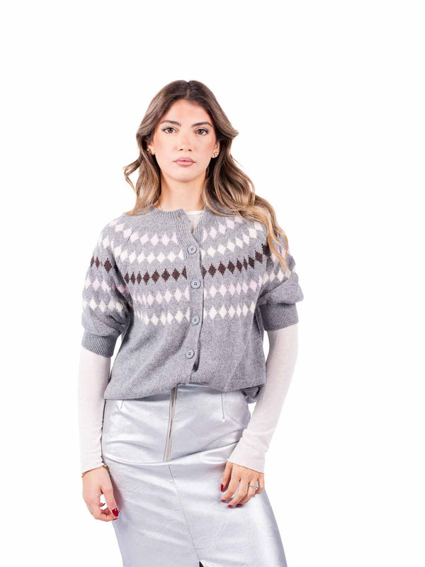 Cardigan Mezza Manica in Maglia Grigio con Motivo Jacquard da donna Tensione in