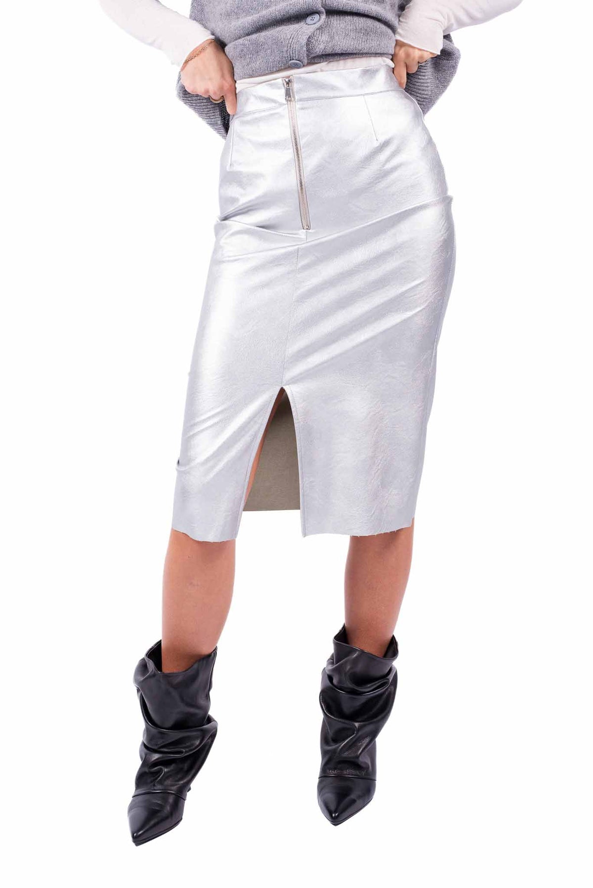 Gonna Midi in Ecopelle Laminata Argento donna Tensione in - 2