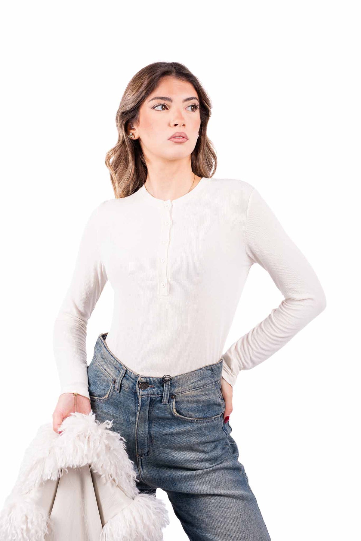 Maglia Serafino Panna a Costine donna Tensione in - 1