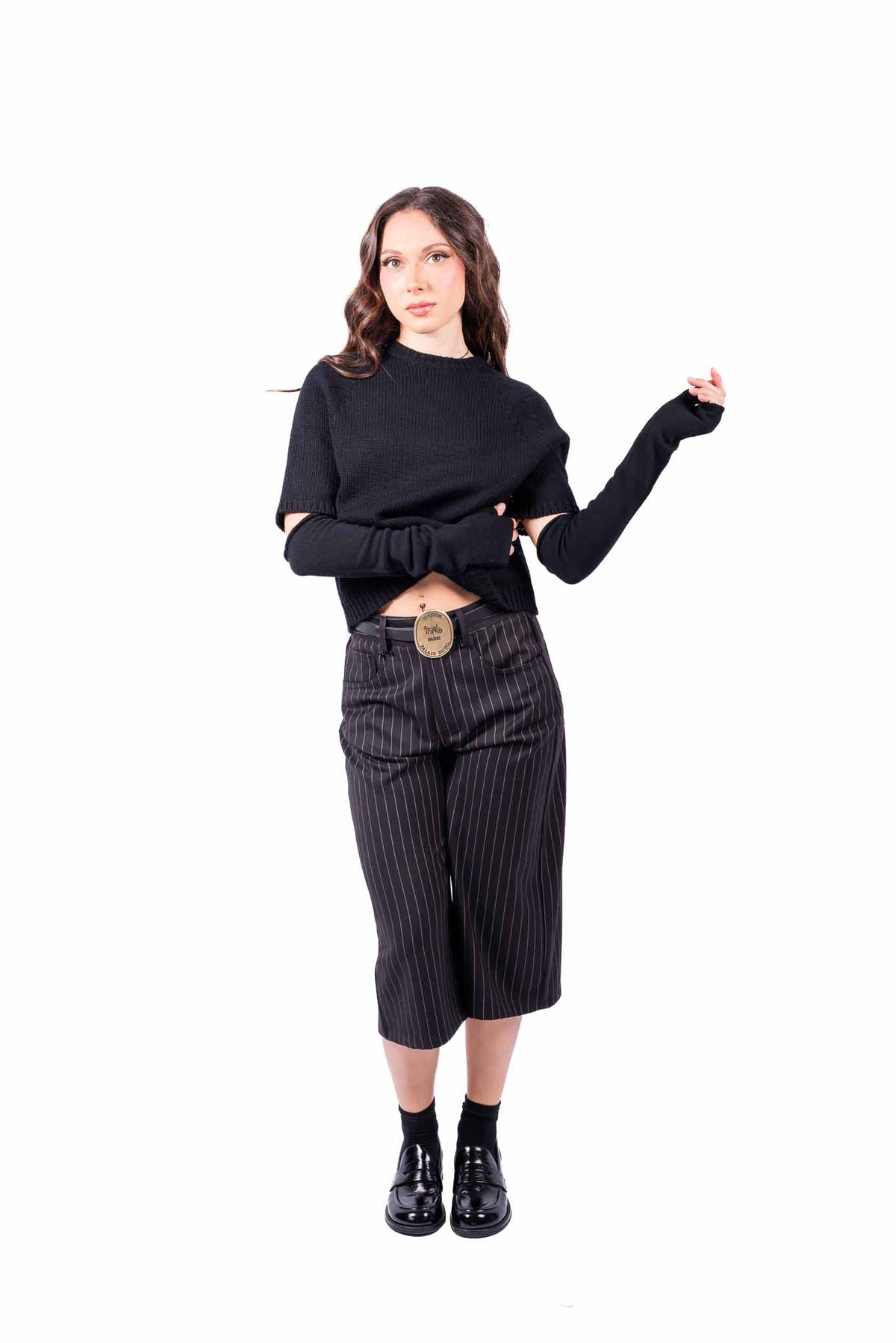 Maglia Pullover Nera Maniche Corte con Manicotti donna Tensione in - 6