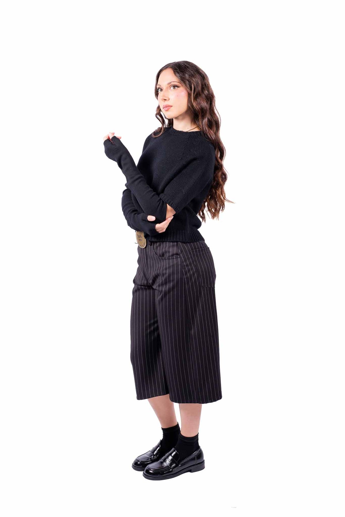 Maglia Pullover Nera Maniche Corte con Manicotti donna Tensione in - 5