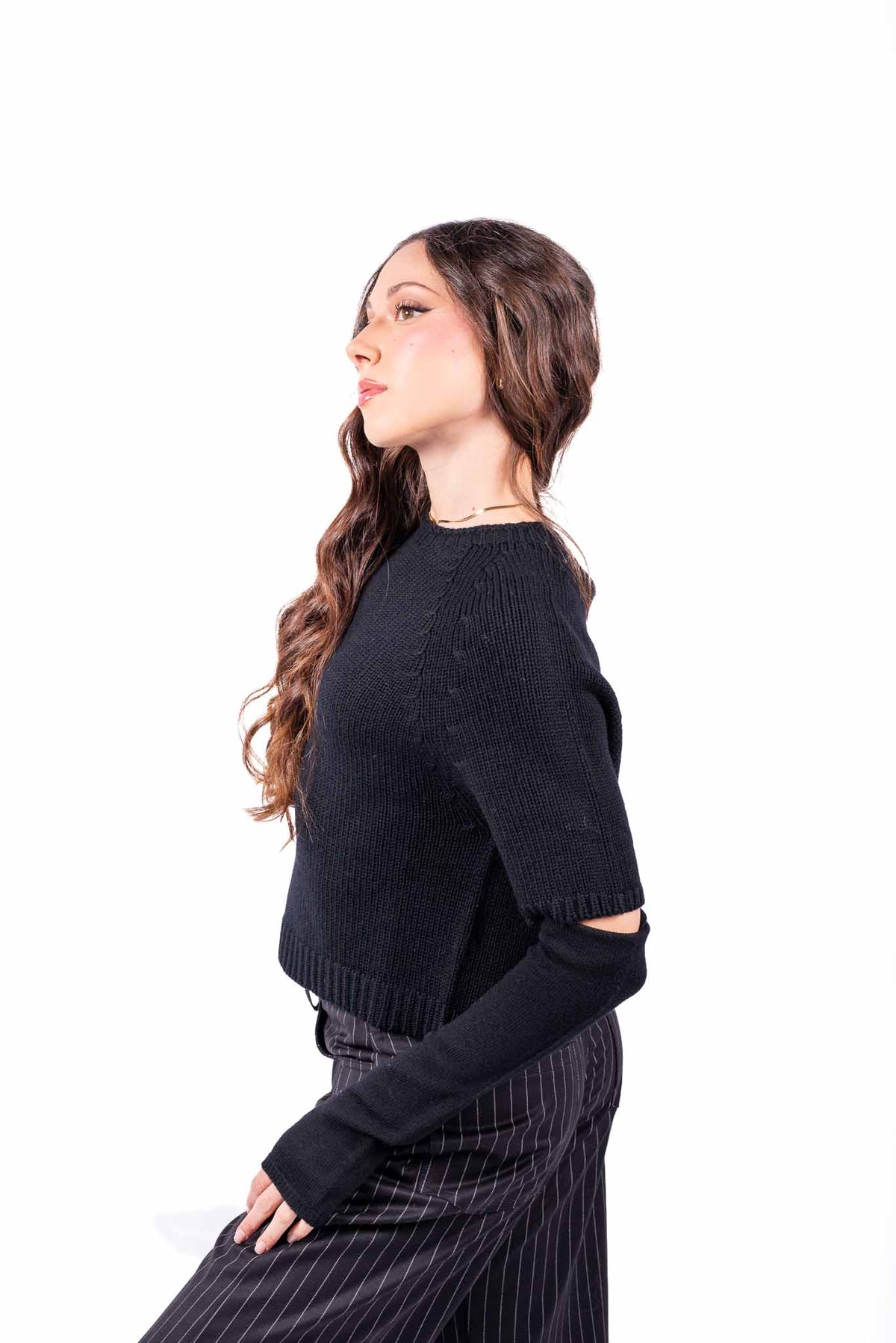 Maglia Pullover Nera Maniche Corte con Manicotti donna Tensione in - 3