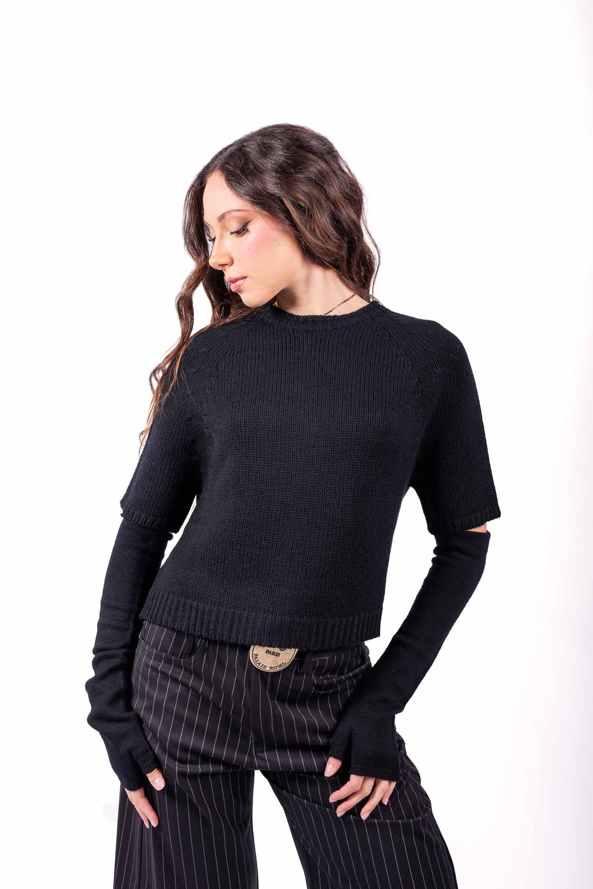 Maglia Pullover Nera Maniche Corte con Manicotti donna Tensione in - 1