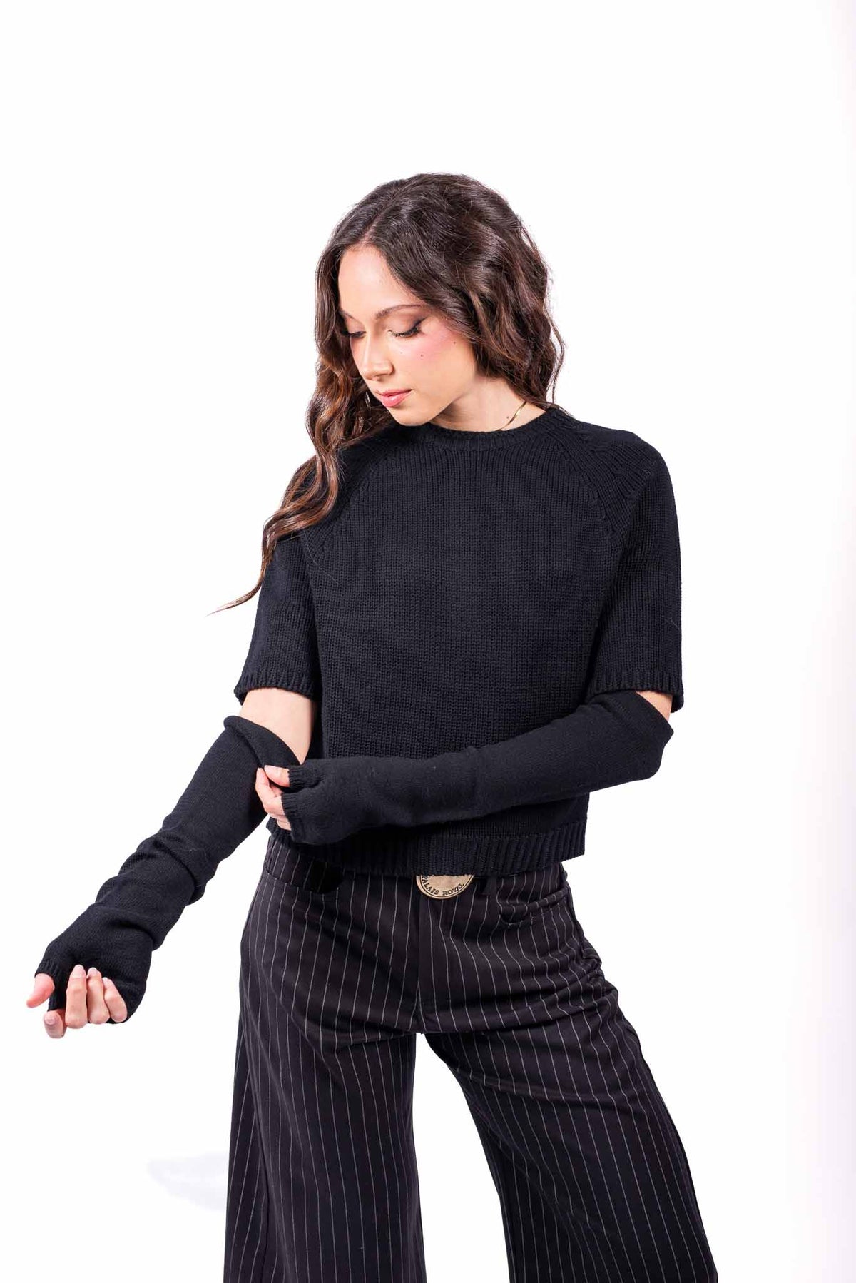 Maglia Pullover Nera Maniche Corte con Manicotti donna Tensione in - 2