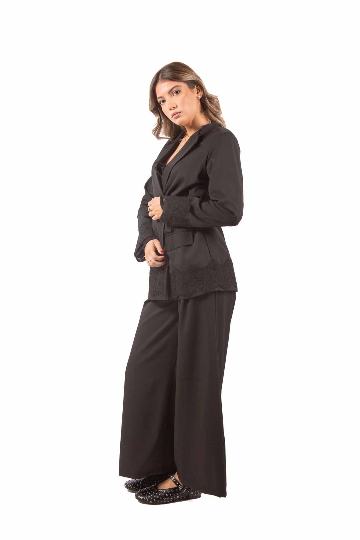 Blazer Nero con Inserto in Pizzo e Cintura donna Miss love - 3