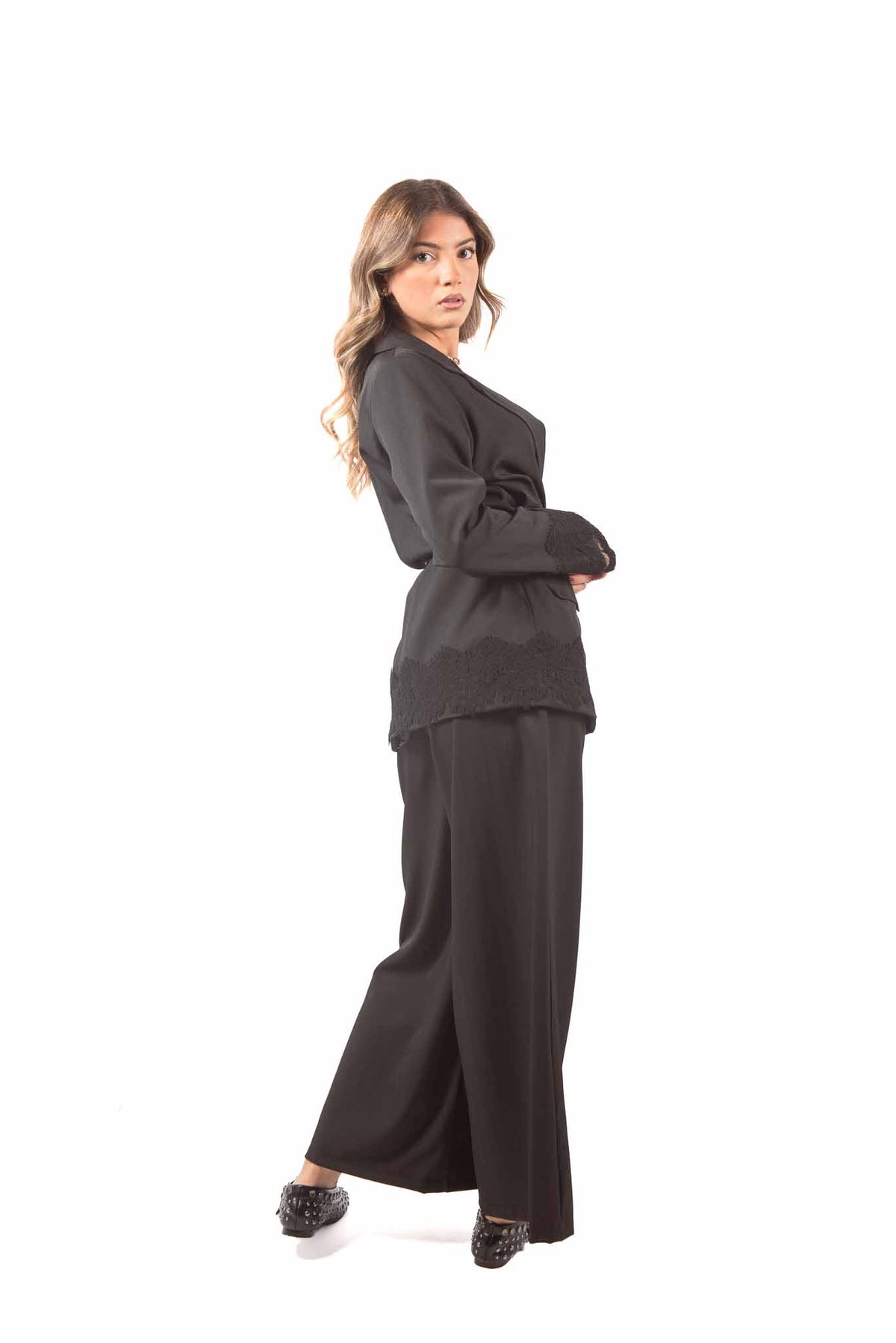 Blazer Nero con Inserto in Pizzo e Cintura donna Miss love - 5