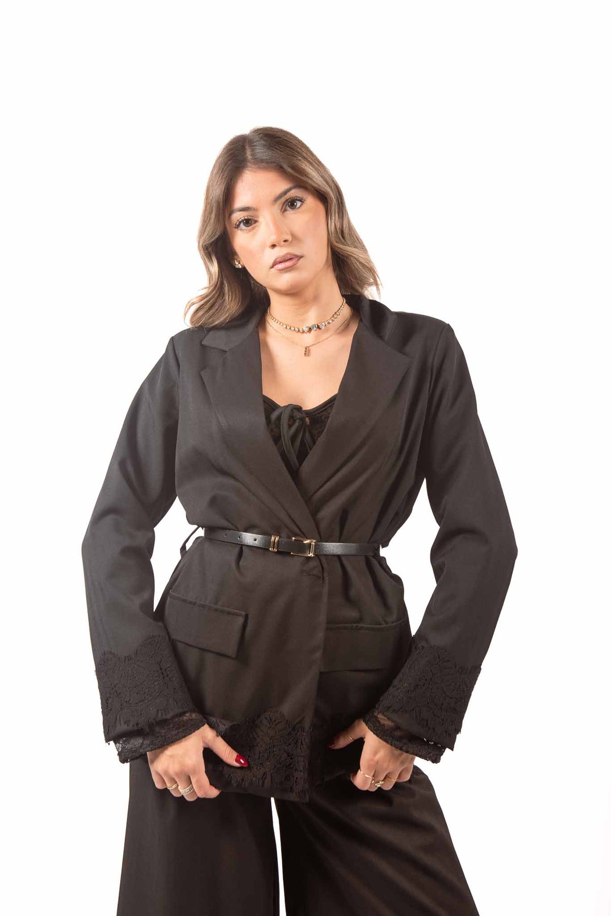 Blazer Nero con Inserto in Pizzo e Cintura donna Miss love - 1