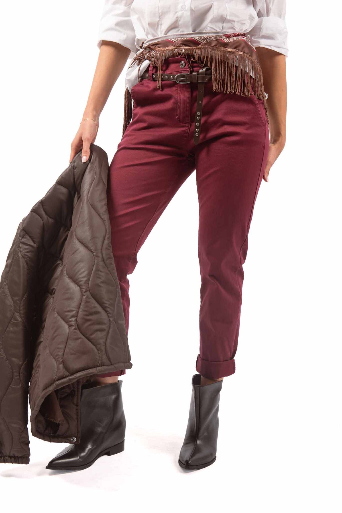 Pantaloni Chino Bordeaux con Cintura Borchiata donna Miss love - 1