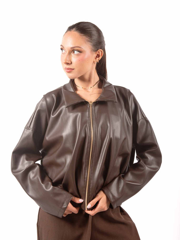 Giubbino in Ecopelle Marrone con Zip da donna Miss love