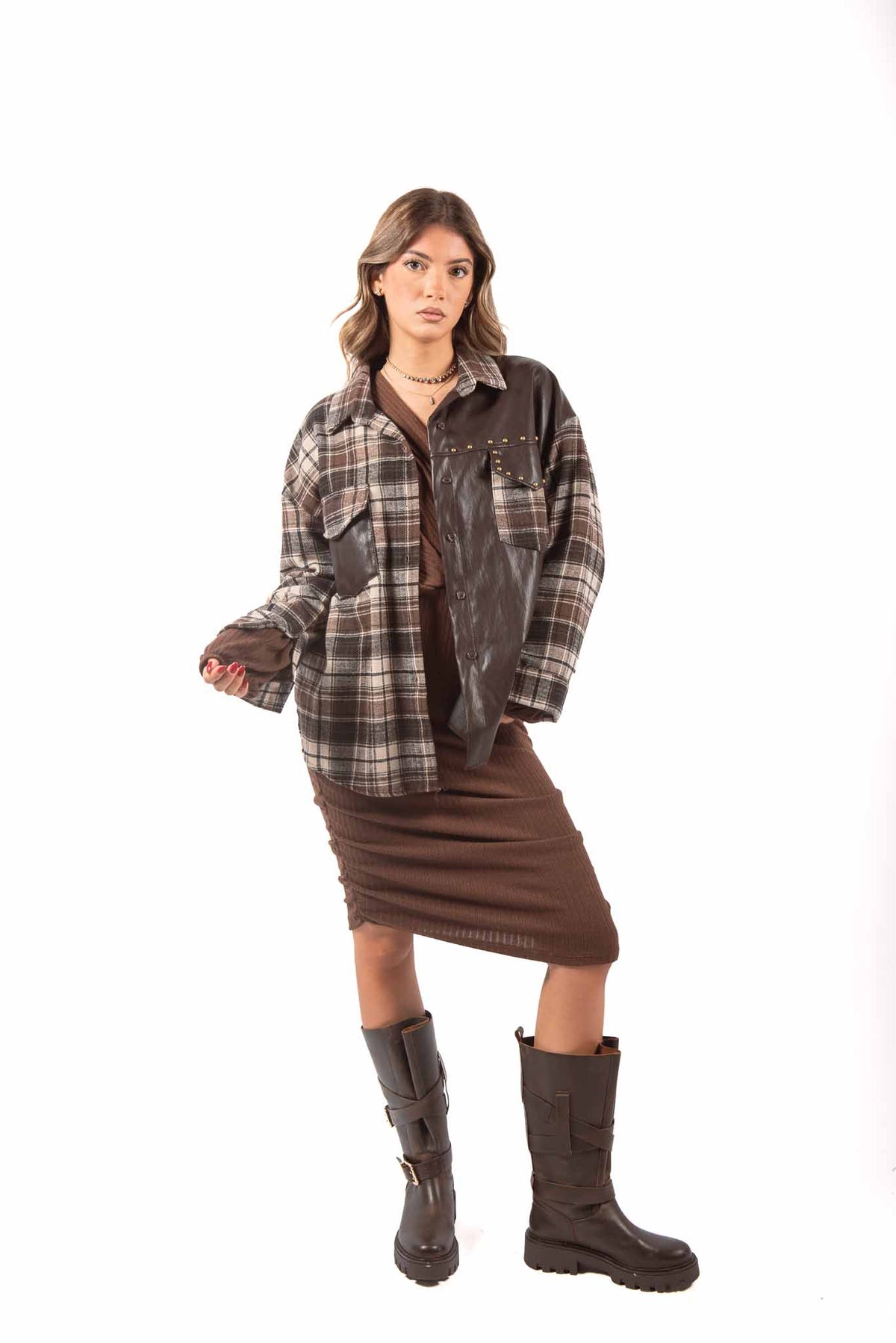 Camicia Patchwork Check ed Ecopelle donna Miss love - 2