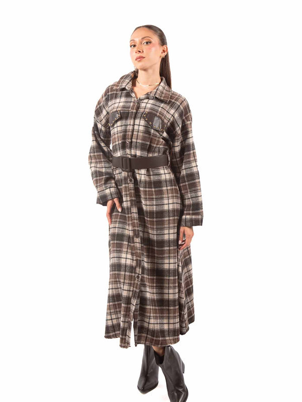 Abito Chemisier Quadri Tartan con Ecopelle e Borchie da donna Miss love