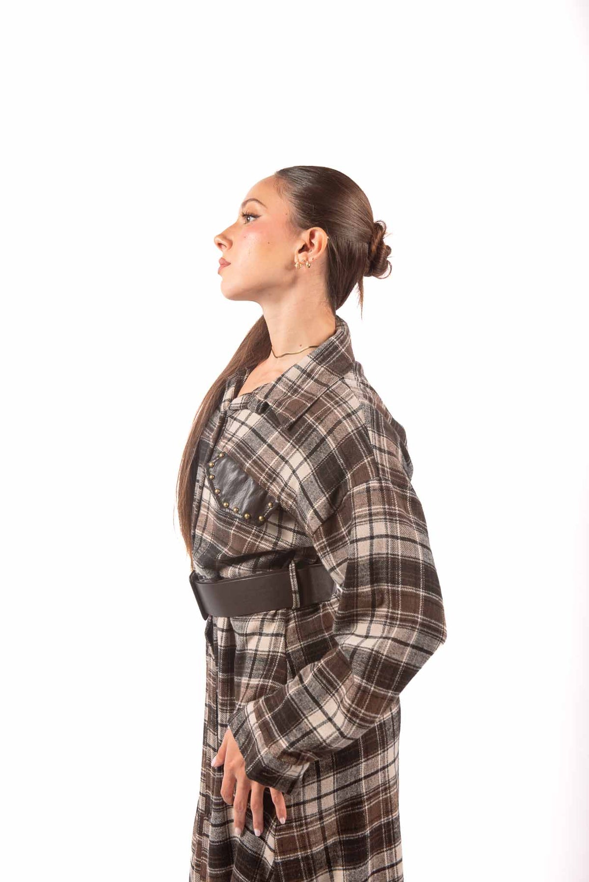 Abito Chemisier Quadri Tartan con Ecopelle e Borchie donna Miss love - 5