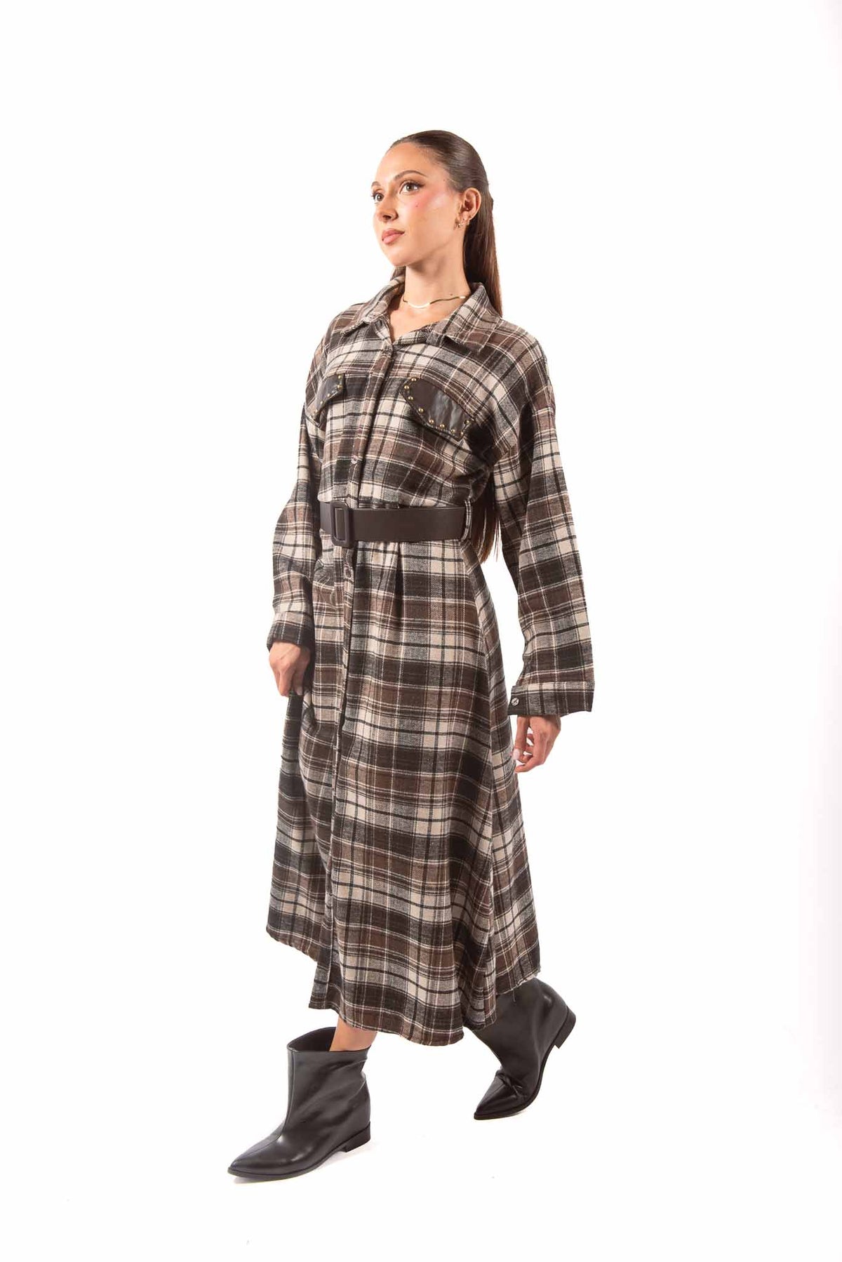 Abito Chemisier Quadri Tartan con Ecopelle e Borchie donna Miss love - 4