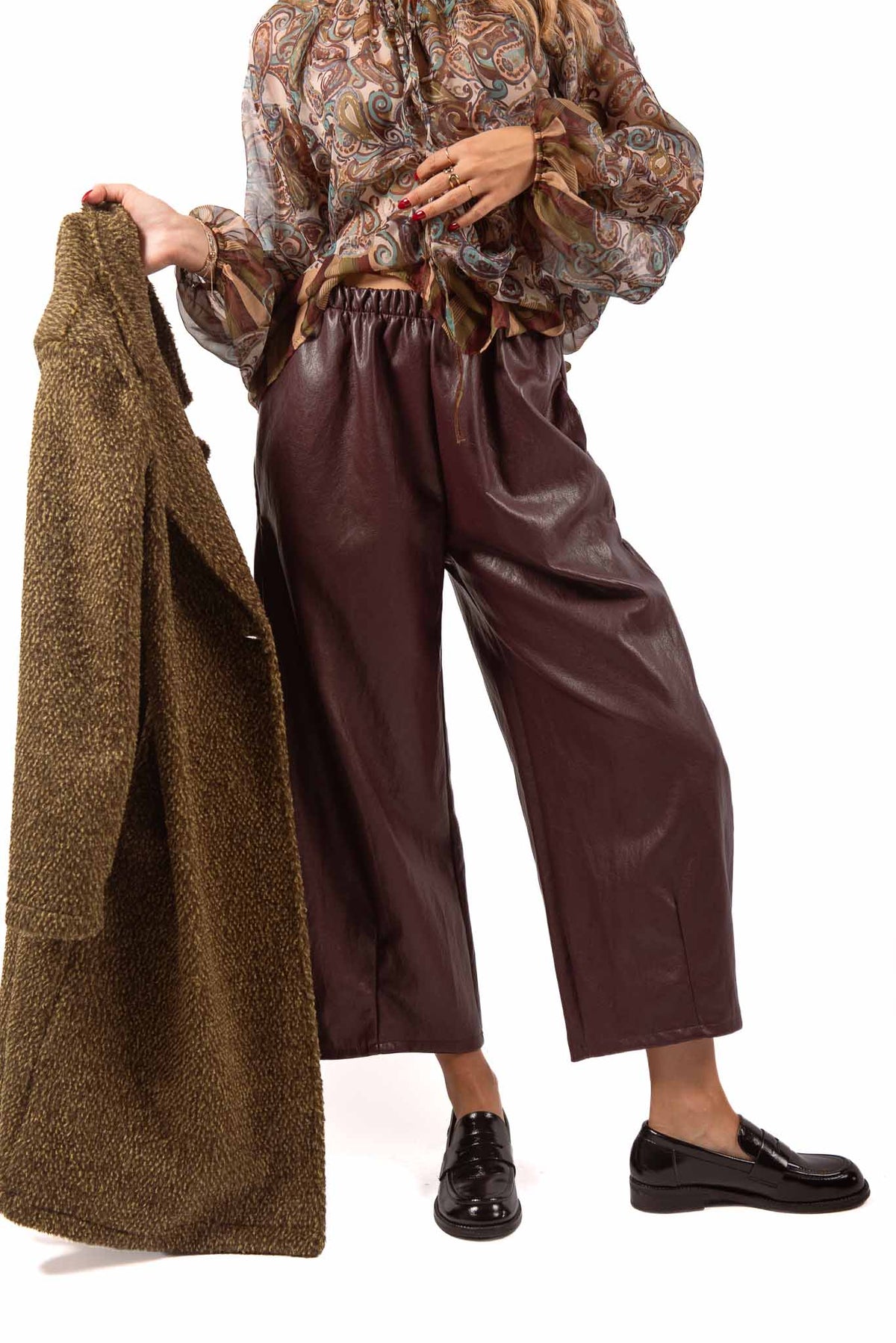 Pantaloni Barrell Fit in Ecopelle Bordeaux donna Miss love - 1