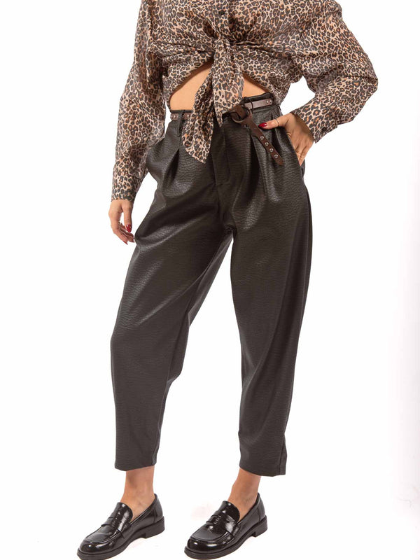 Pantaloni Neri in Ecopelle Testurizzata con Cintura da donna Miss love