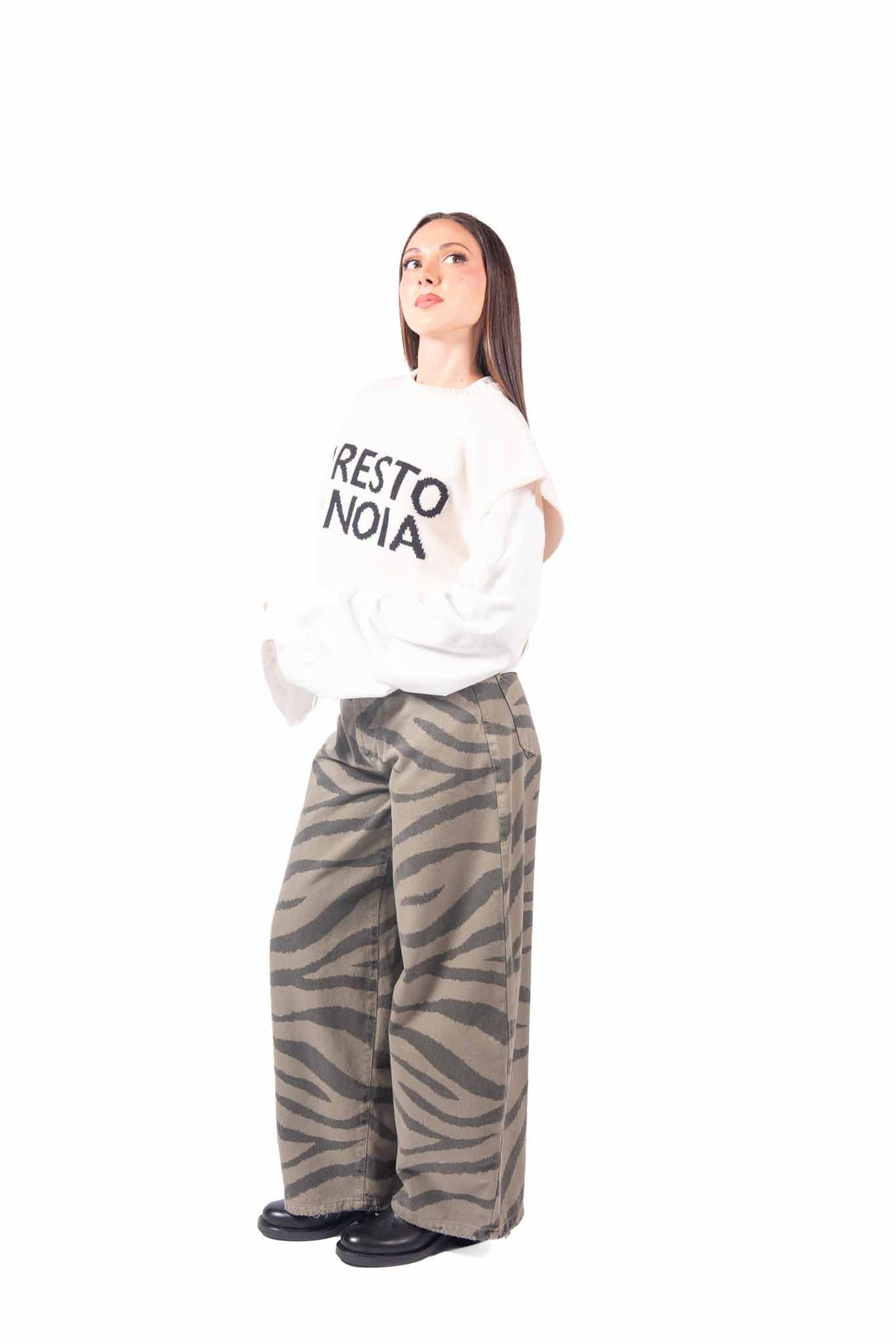 Jeans Barrel Fit Zebrato Verde Militare donna Tensione in - 1