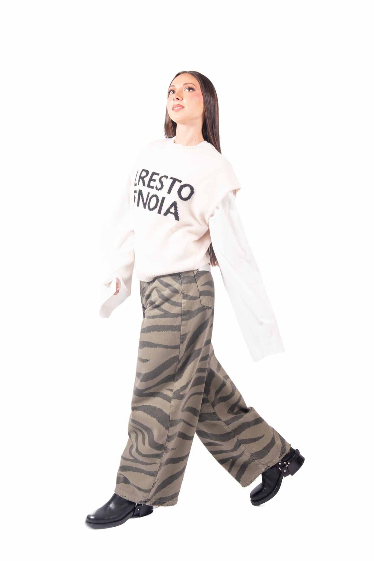 Jeans Barrel Fit Zebrato Verde Militare donna Tensione in - 4