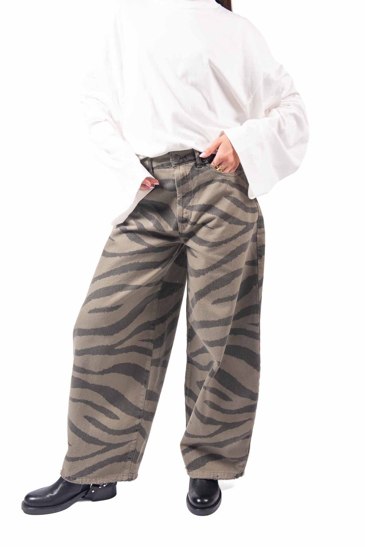 Jeans Barrel Fit Zebrato Verde Militare donna Tensione in - 2