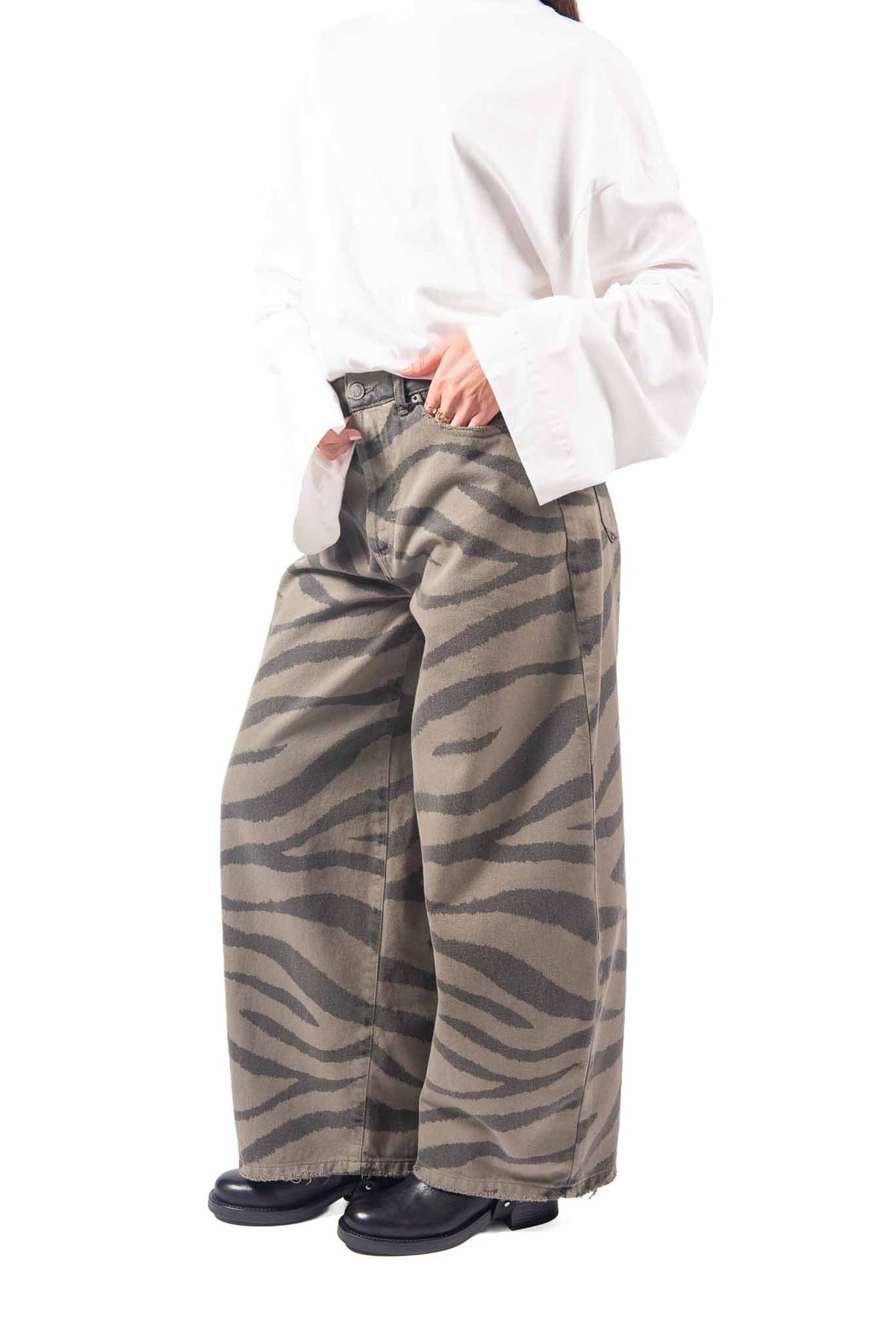 Jeans Barrel Fit Zebrato Verde Militare donna Tensione in - 6