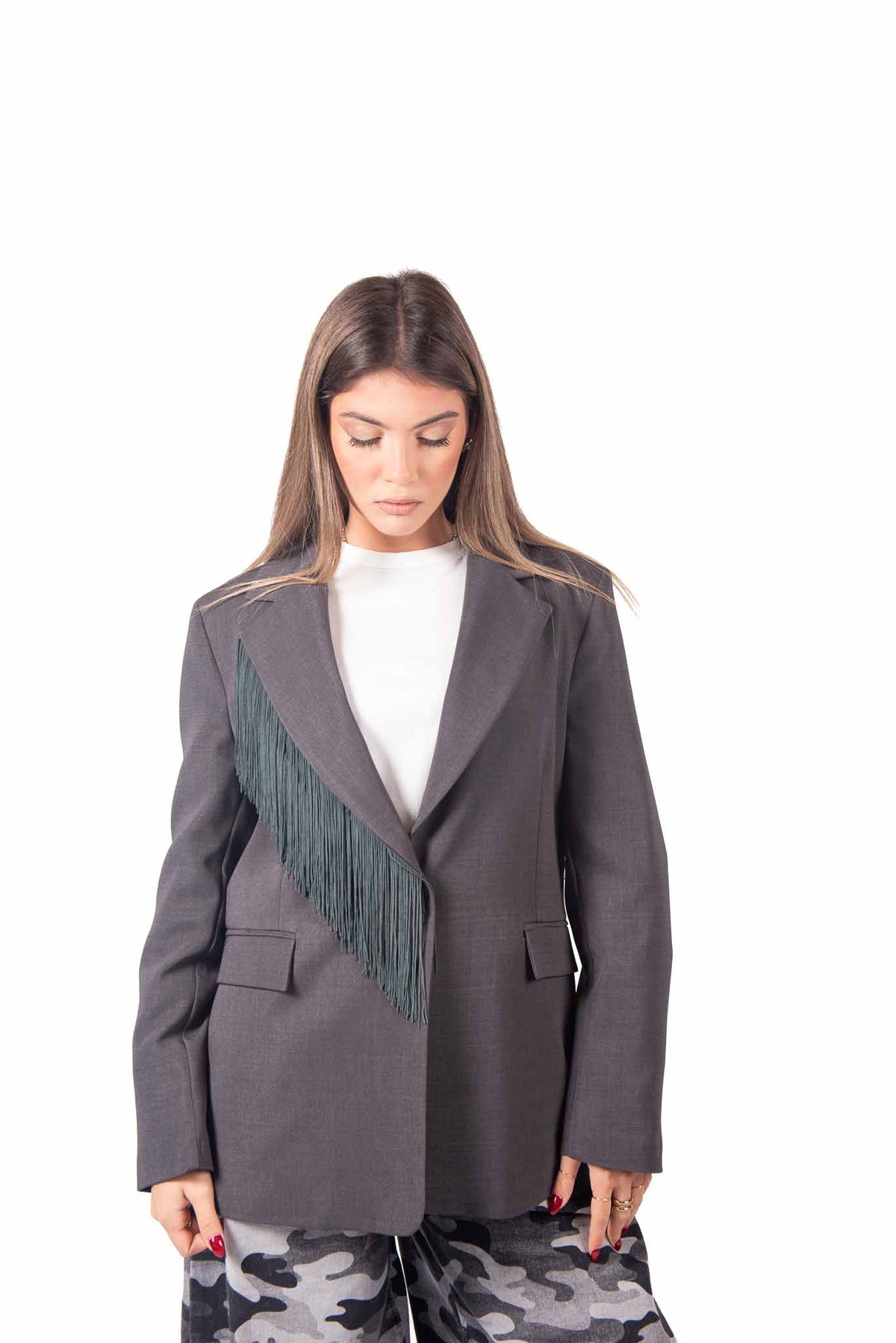 Blazer Sartoriale Grigio con Frange sul Revers donna Tensione in - 5