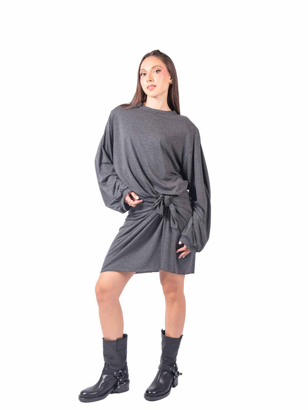 Abito Corto in Jersey Grigio con Nodo in Vita da donna Tensione in