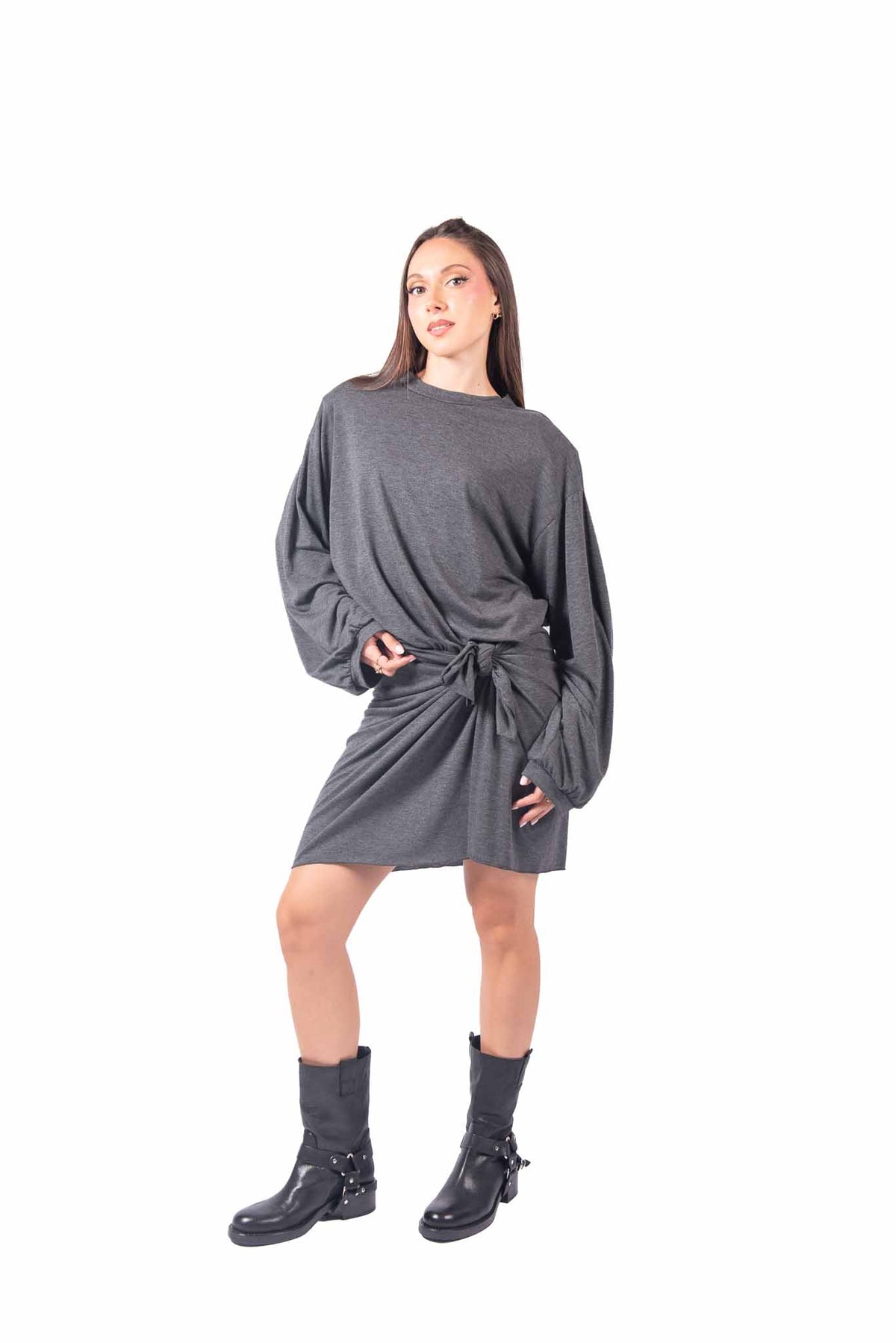 Abito Corto in Jersey Grigio con Nodo in Vita donna Tensione in - 1