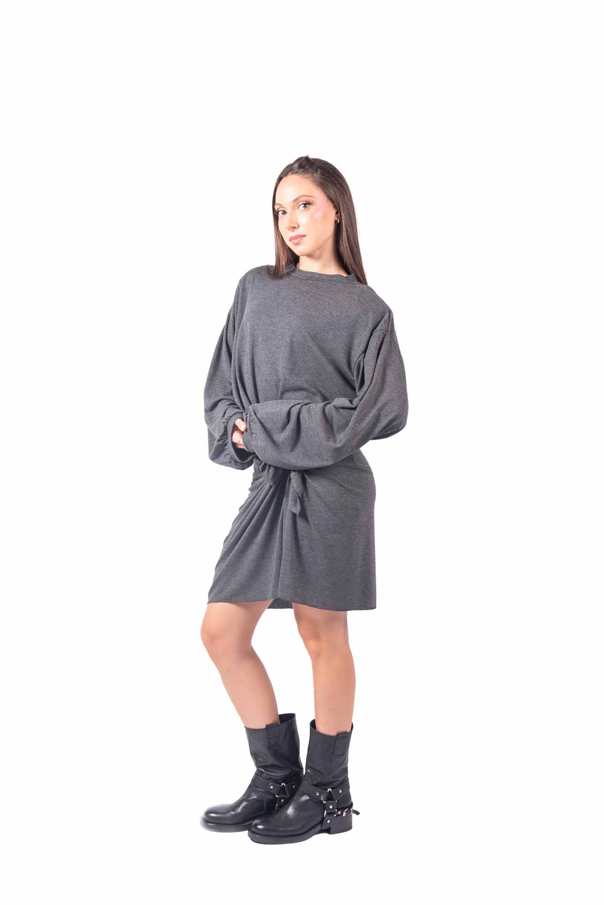 Abito Corto in Jersey Grigio con Nodo in Vita donna Tensione in - 6