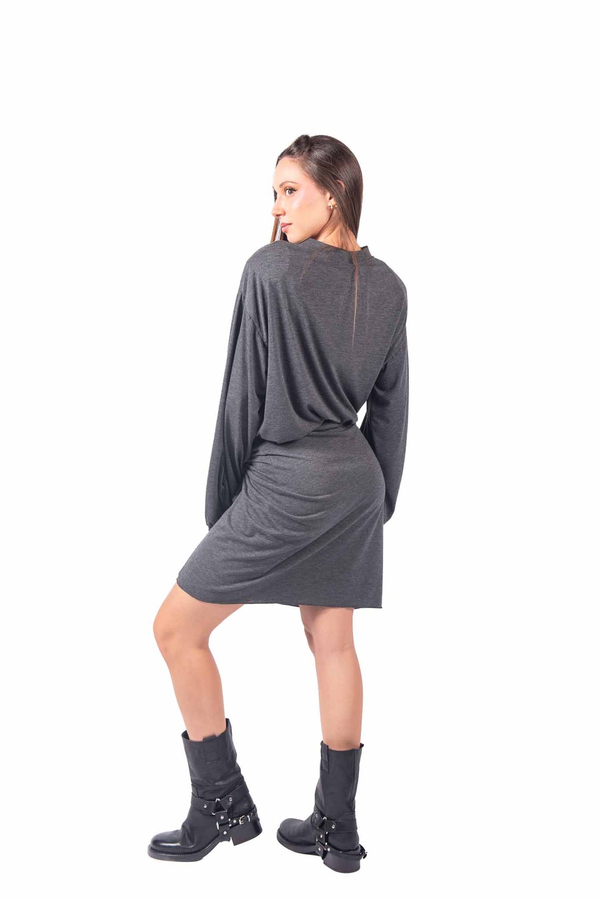 Abito Corto in Jersey Grigio con Nodo in Vita donna Tensione in - 2