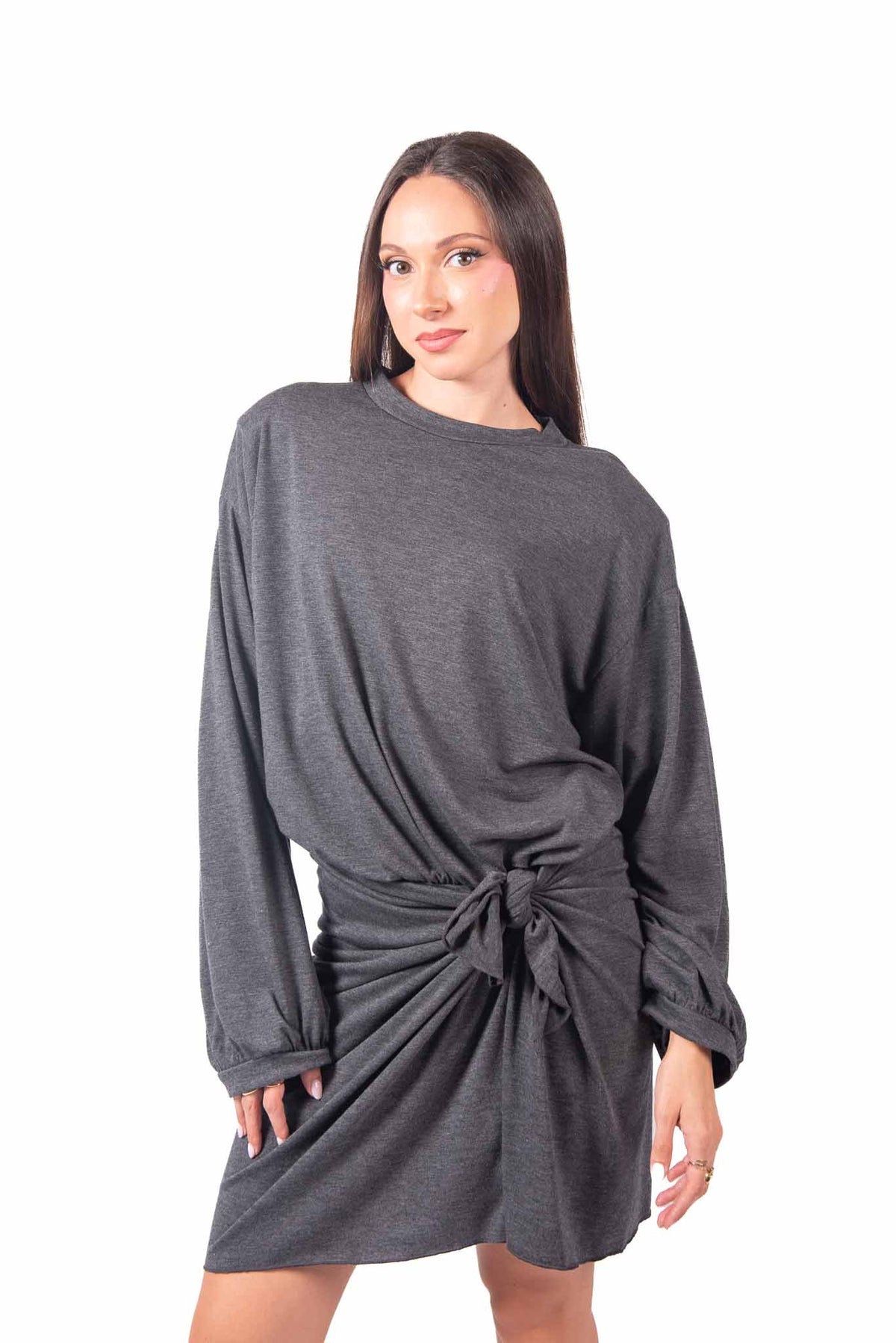 Abito Corto in Jersey Grigio con Nodo in Vita donna Tensione in - 3