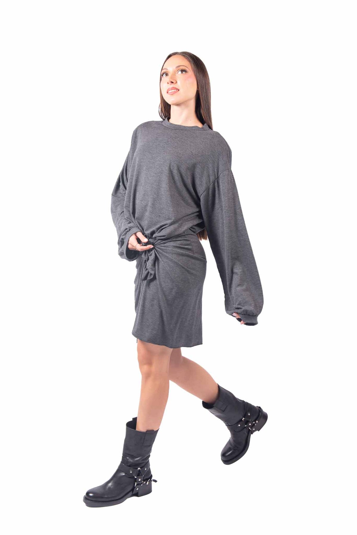 Abito Corto in Jersey Grigio con Nodo in Vita donna Tensione in - 4
