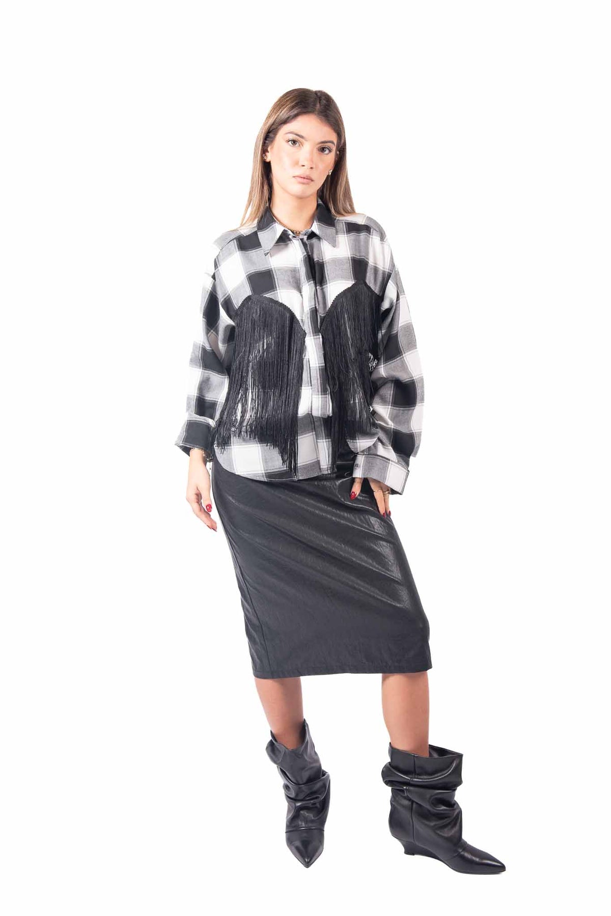 Camicia A Quadri Bianco/Nero con Frange donna Tensione in - 4