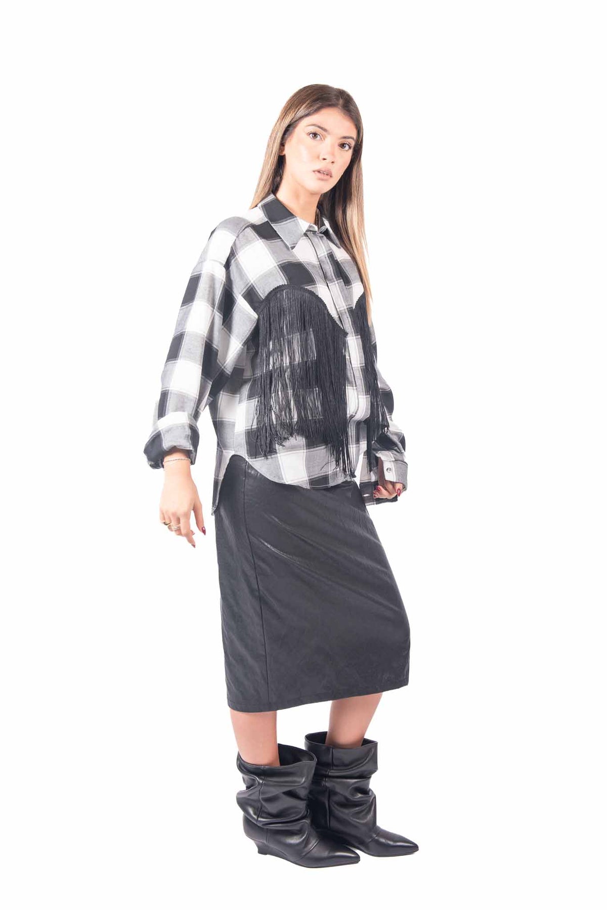 Camicia A Quadri Bianco/Nero con Frange donna Tensione in - 3