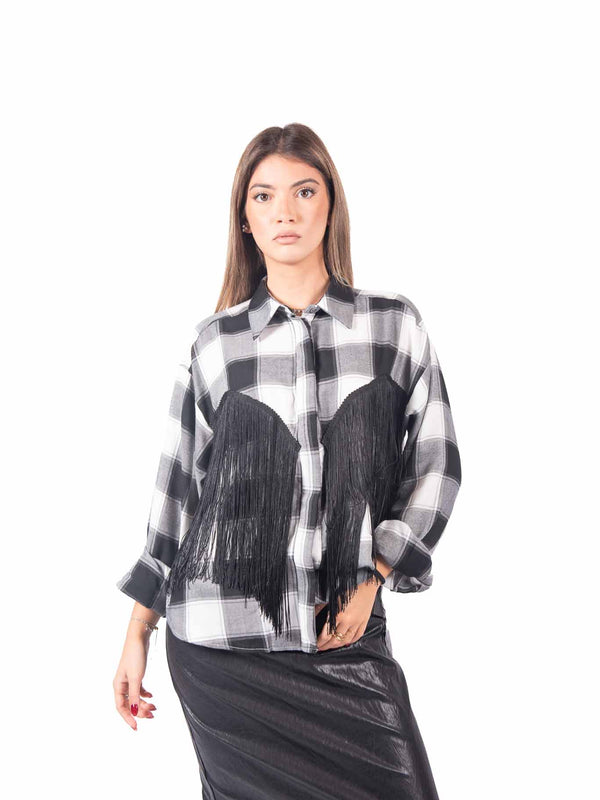 Camicia A Quadri Bianco/Nero con Frange da donna Tensione in