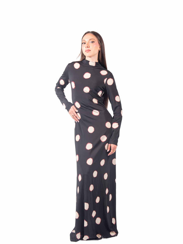 Abito Lungo in Jersey Nero a Pois da donna Tensione in