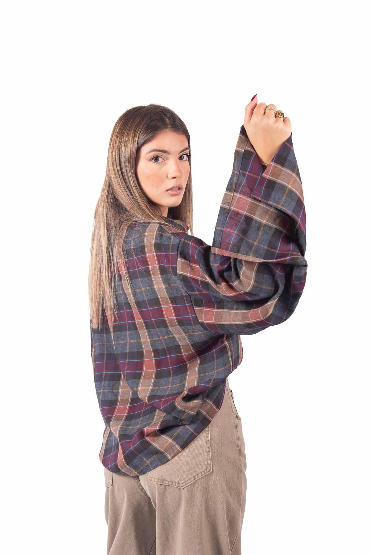 Blusa a Quadri con Manica Ampia donna Tensione in - 2