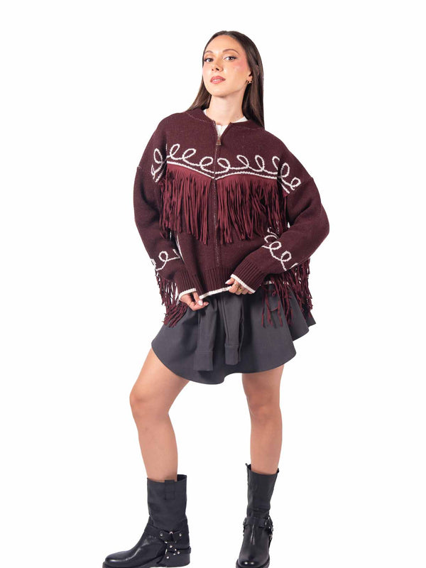 Bomber Tricot Bordeaux con Frange da donna Tensione in