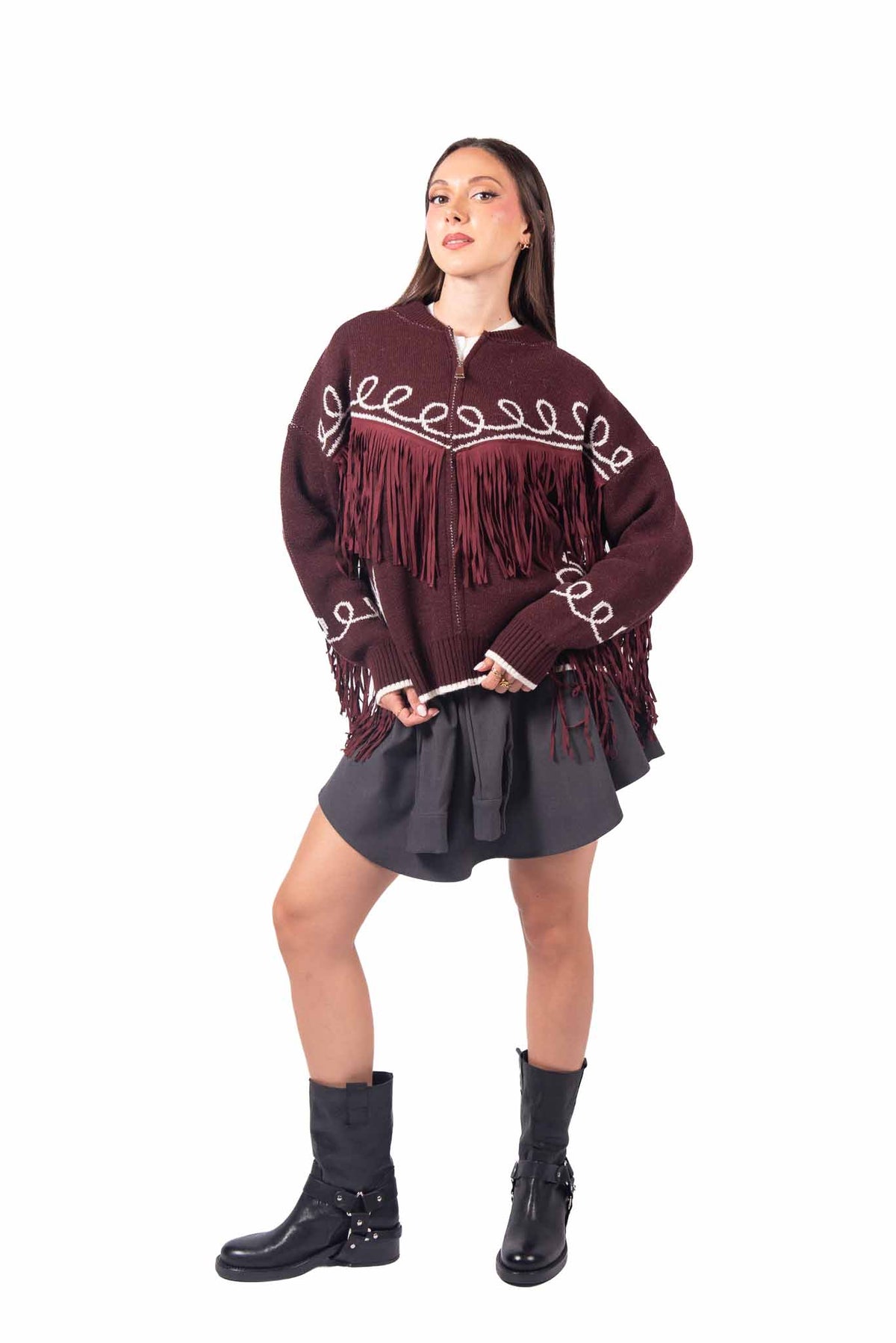 Bomber Tricot Bordeaux con Frange donna Tensione in - 1