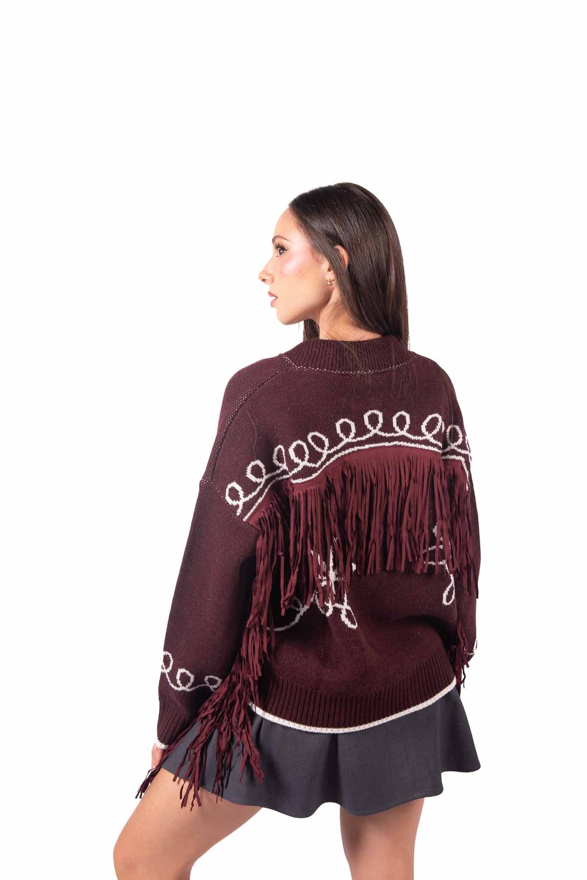 Bomber Tricot Bordeaux con Frange donna Tensione in - 3