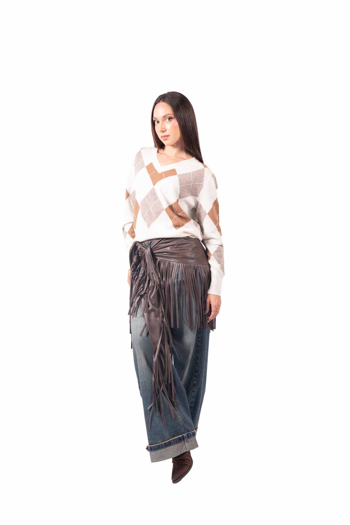 Pareo in Ecopelle Marrone con Frange donna Tensione in - 1