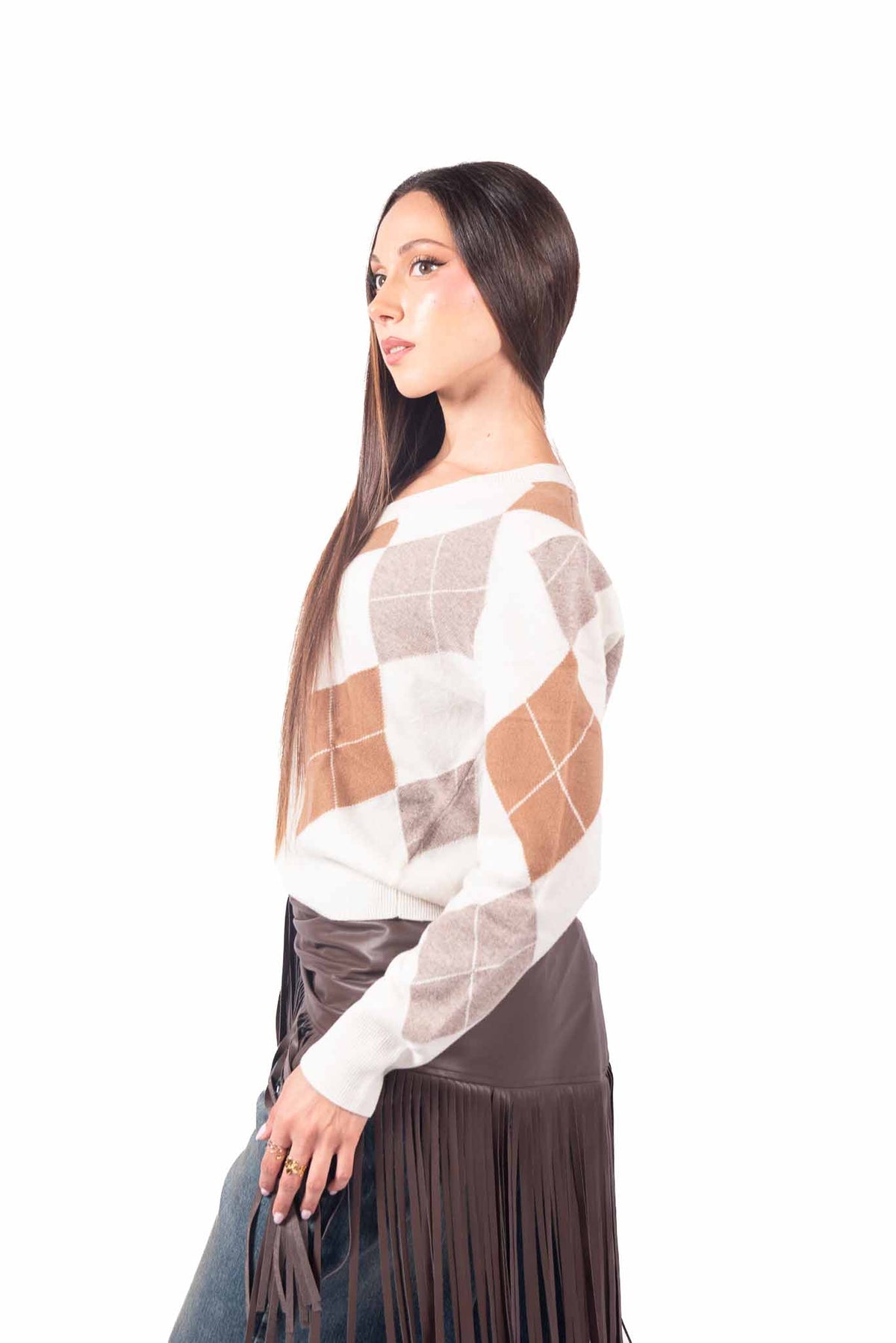 Maglia Pullover a Rombi Panna donna Tensione in - 2