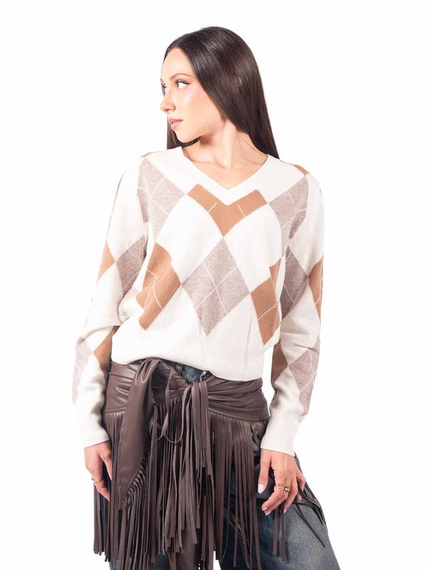 Maglia Pullover a Rombi Panna da donna Tensione in
