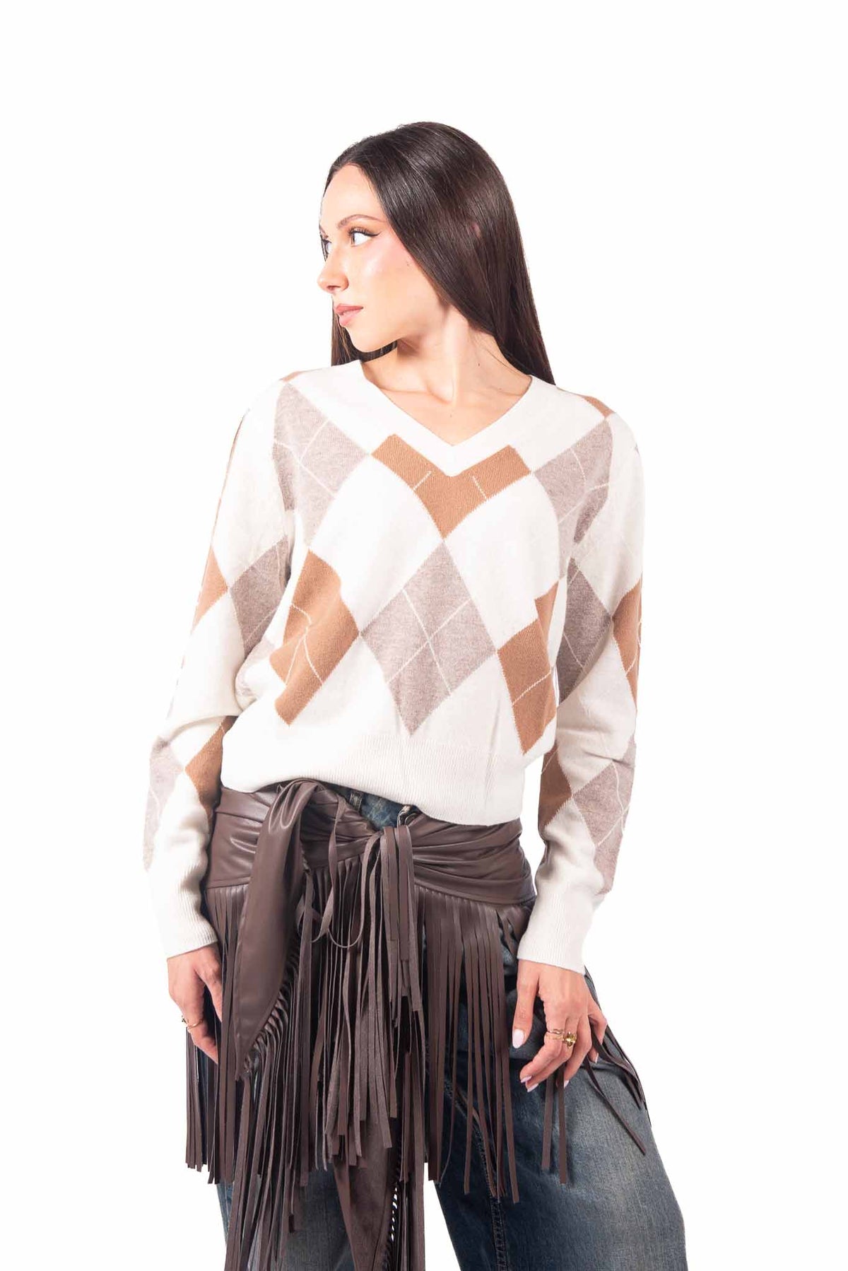 Maglia Pullover a Rombi Panna donna Tensione in - 1
