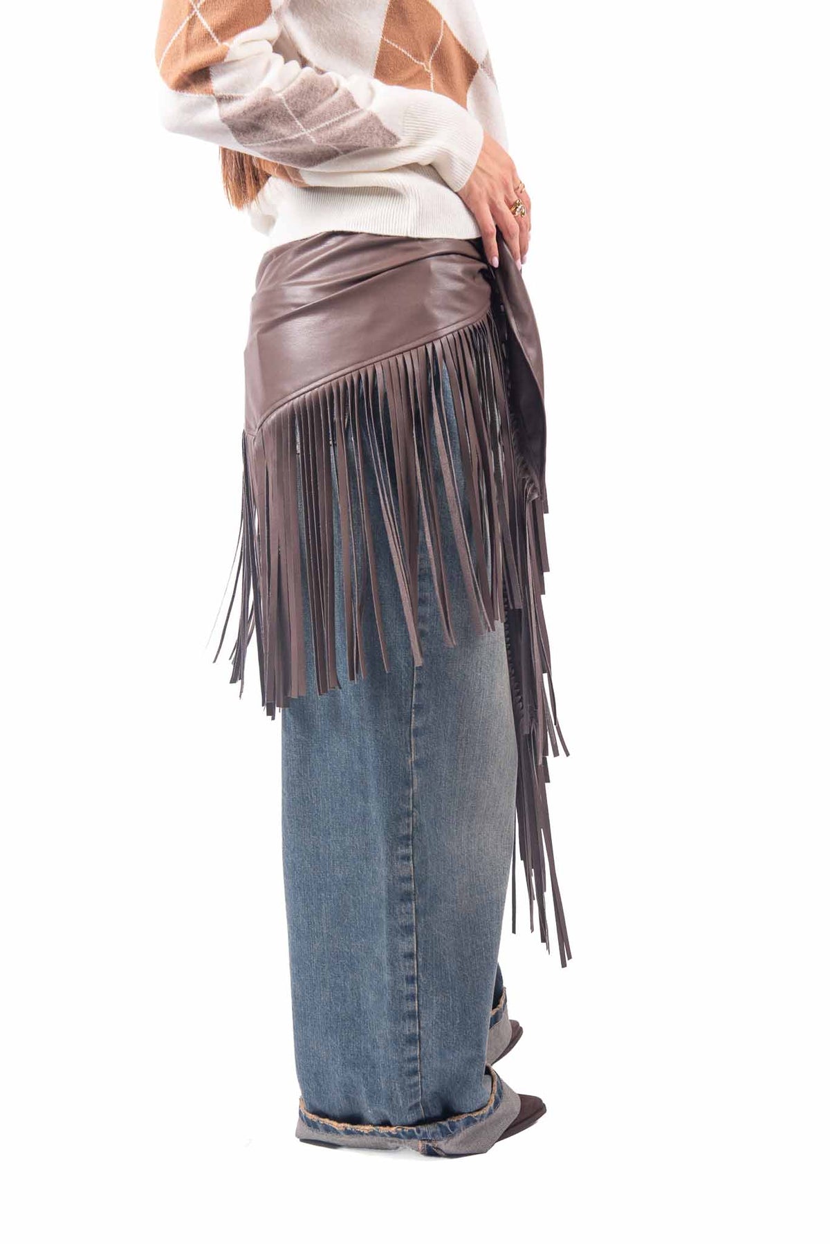 Pareo in Ecopelle Marrone con Frange donna Tensione in - 3