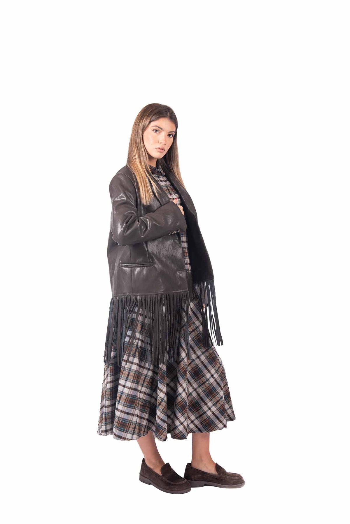 Blazer in Ecopelle Marrone con Frange donna Tensione in - 4