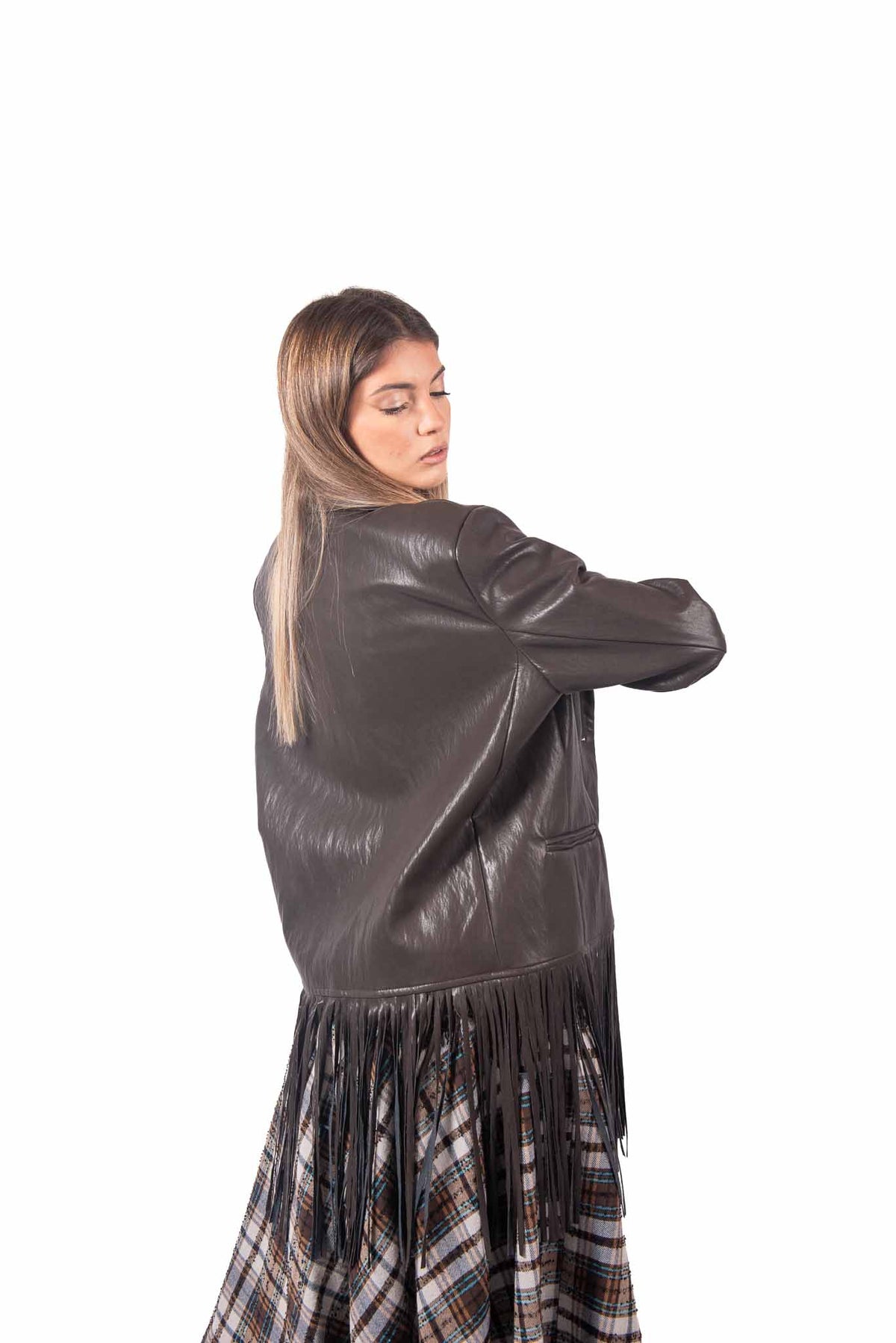 Blazer in Ecopelle Marrone con Frange donna Tensione in - 5