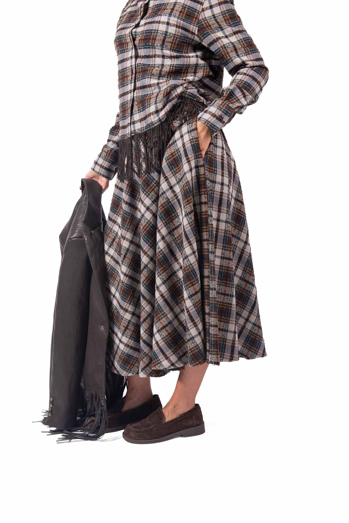 Gonna Midi a Quadri Tartan con Vita Elasticizzata donna Tensione in - 3