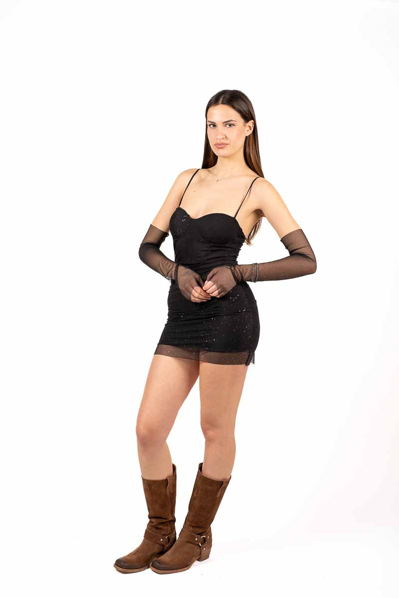 Abito Mini con Strass e Tulle Nero donna Miss love - 3
