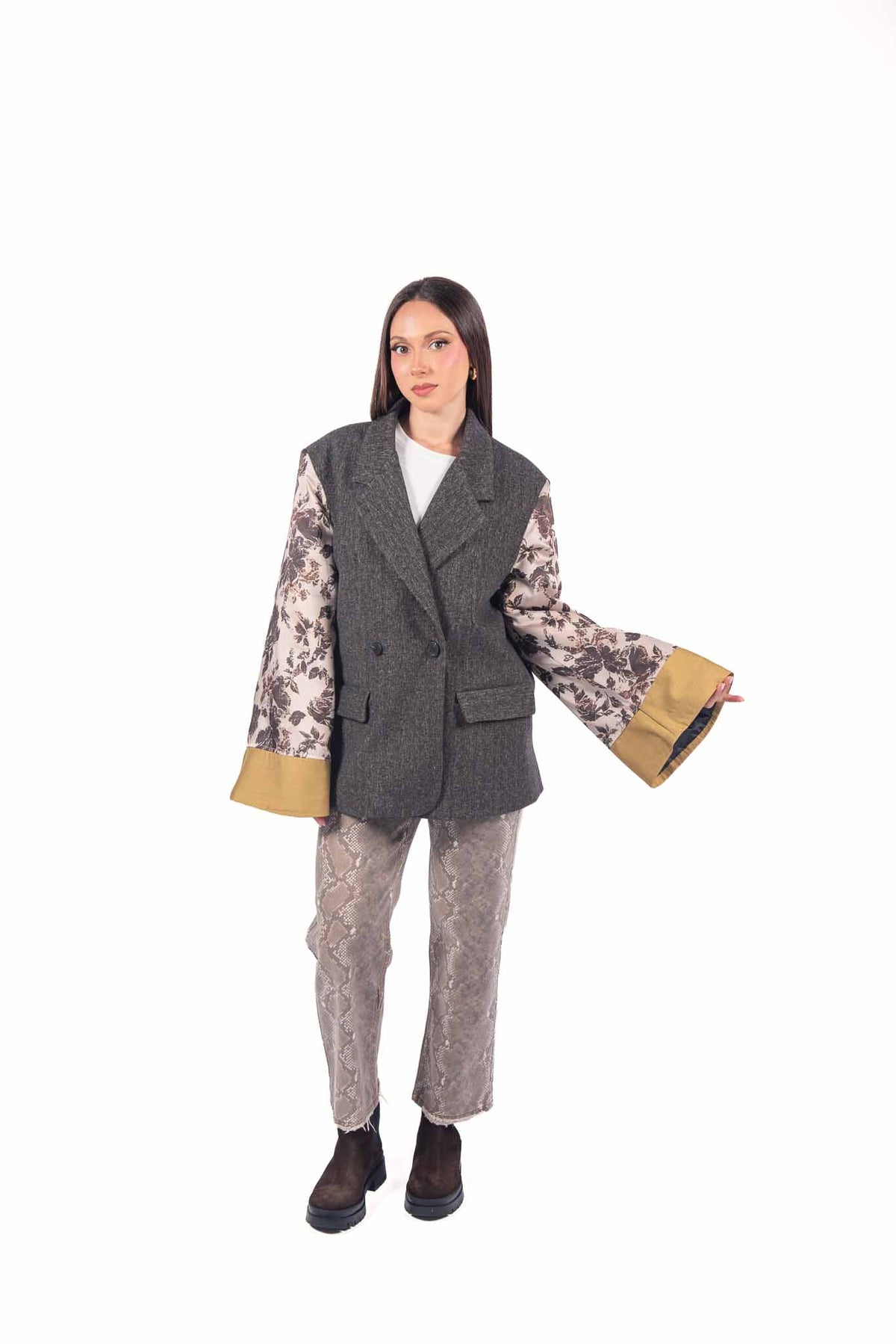 Blazer Patchwork Grigio con Maniche Floreali donna Tensione in - 1