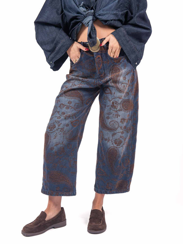 Jeans Wide Leg Stampati Paisley con Cintura da donna Tensione in
